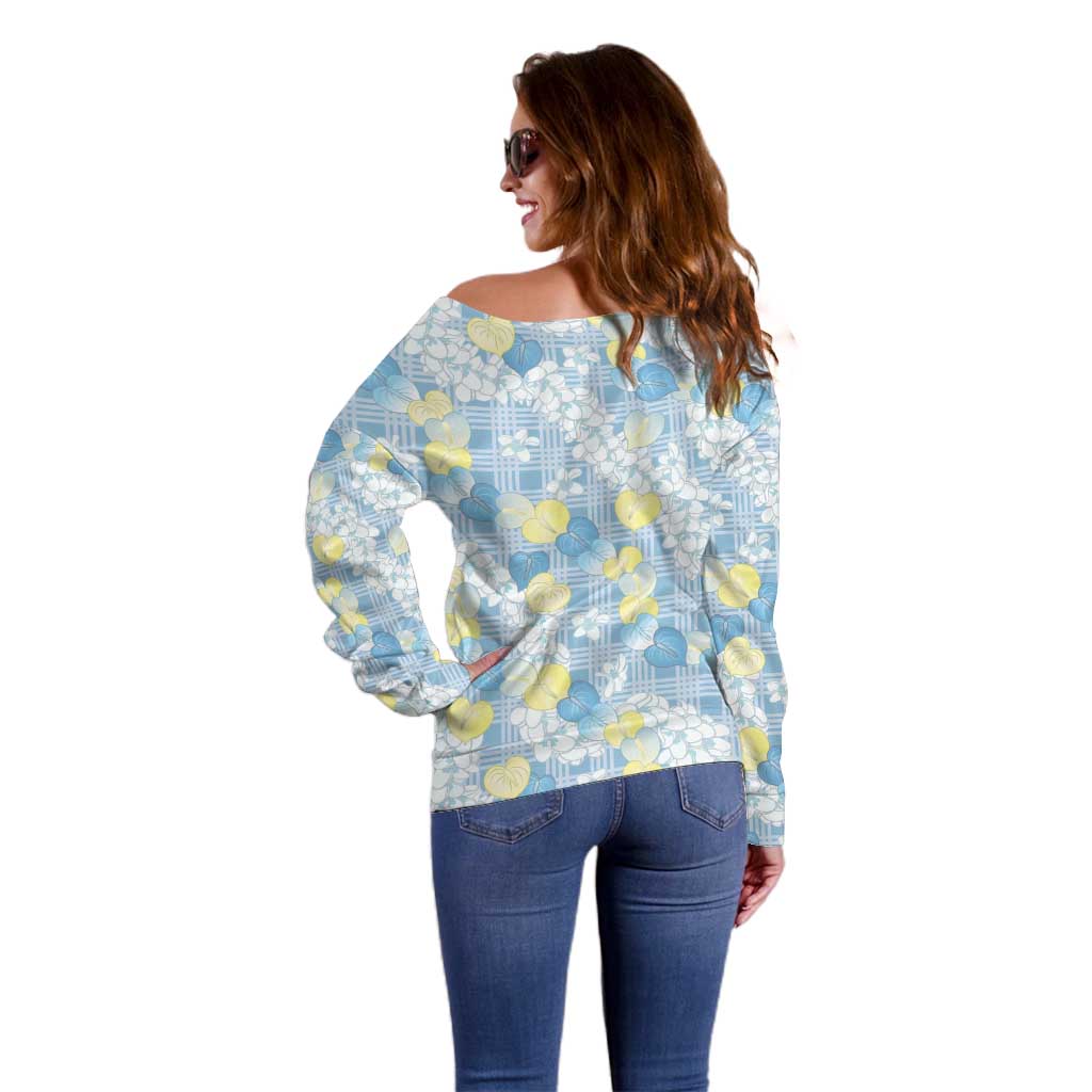 Anthurium Plumeria Lei Pastel Off Shoulder Sweater Blue Hawaiian Splendid Palaka LT01 - Polynesian Pride