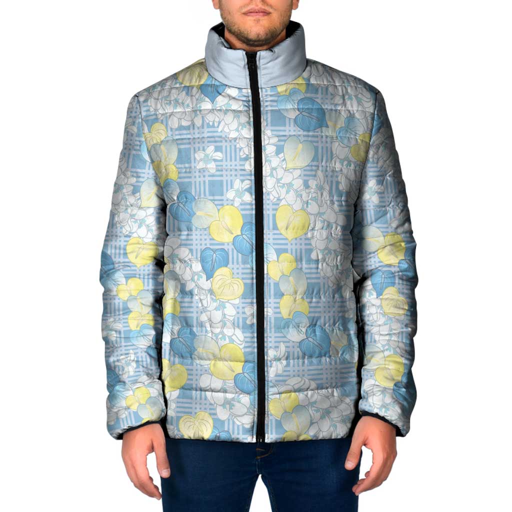 Anthurium Plumeria Lei Pastel Padded Jacket Blue Hawaiian Splendid Palaka LT01 Men Blue - Polynesian Pride
