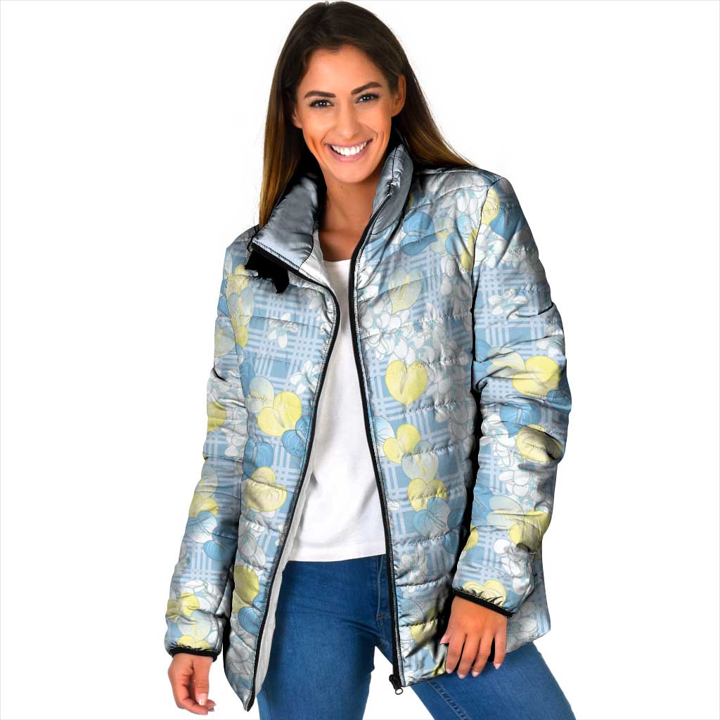Anthurium Plumeria Lei Pastel Padded Jacket Blue Hawaiian Splendid Palaka LT01 Women Blue - Polynesian Pride