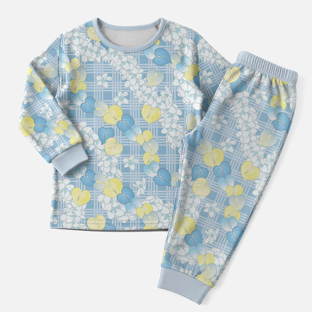 Anthurium Plumeria Lei Pastel Christmas Pajama Set Blue Hawaiian Splendid Palaka