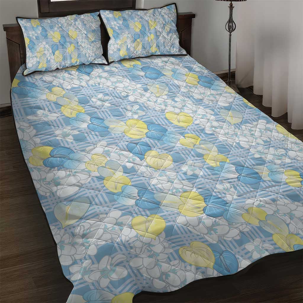 Anthurium Plumeria Lei Pastel Quilt Bed Set Blue Hawaiian Splendid Palaka LT01 Blue - Polynesian Pride