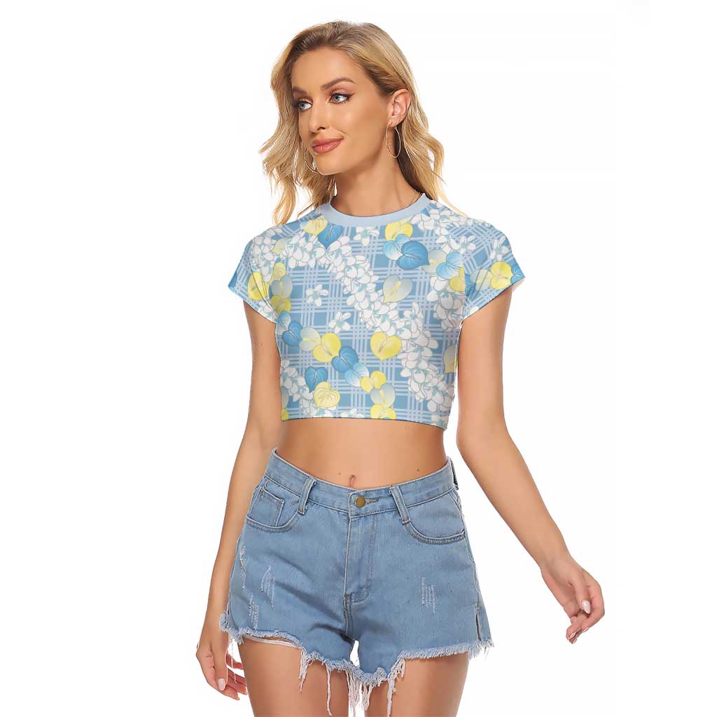 Anthurium Plumeria Lei Pastel Raglan Cropped T Shirt Blue Hawaiian Splendid Palaka LT01 Female Blue - Polynesian Pride