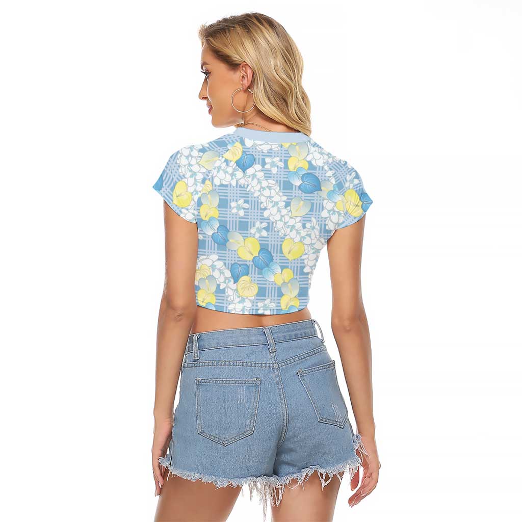 Anthurium Plumeria Lei Pastel Raglan Cropped T Shirt Blue Hawaiian Splendid Palaka LT01 - Polynesian Pride