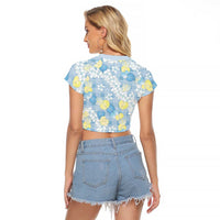 Anthurium Plumeria Lei Pastel Raglan Cropped T Shirt Blue Hawaiian Splendid Palaka LT01 - Polynesian Pride