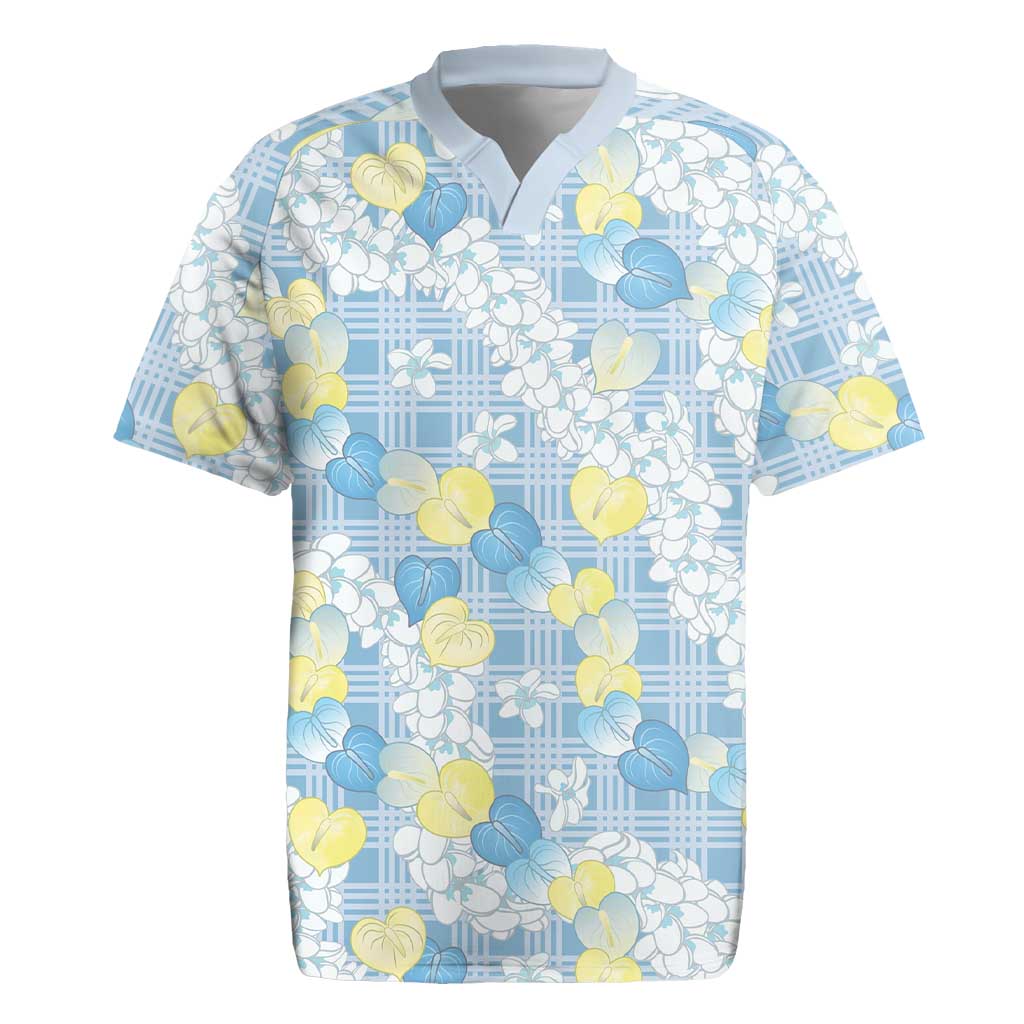 Anthurium Plumeria Lei Pastel Rugby Jersey Blue Hawaiian Splendid Palaka LT01 Blue - Polynesian Pride