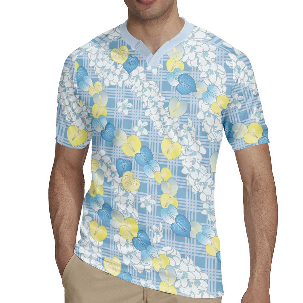 Anthurium Plumeria Lei Pastel Rugby Jersey Blue Hawaiian Splendid Palaka LT01 - Polynesian Pride