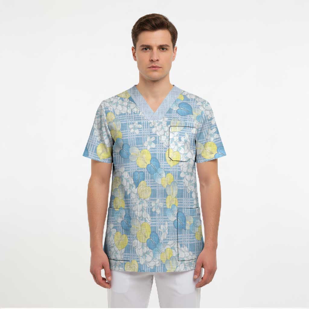Anthurium Plumeria Lei Pastel Scrub Top Blue Hawaiian Splendid Palaka LT01 - Polynesian Pride