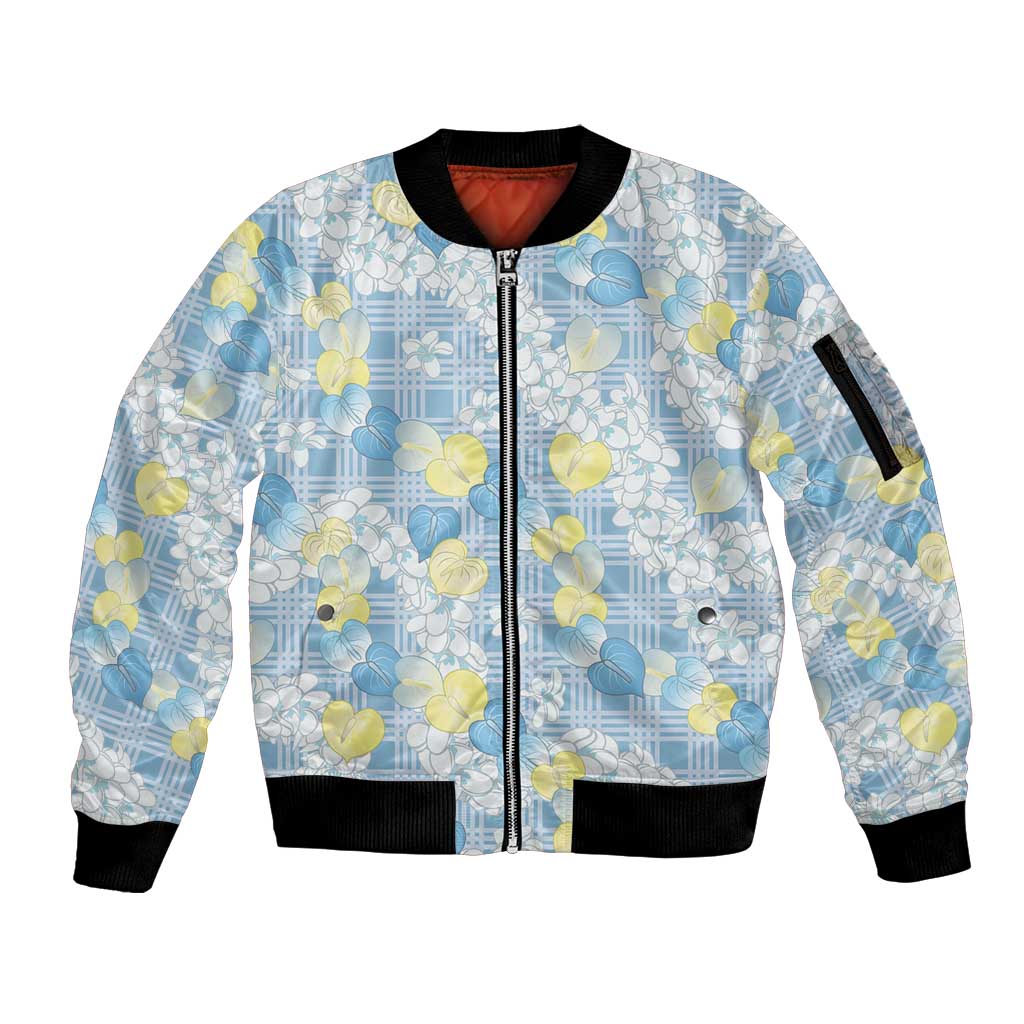 Anthurium Plumeria Lei Pastel Sleeve Zip Bomber Jacket Blue Hawaiian Splendid Palaka