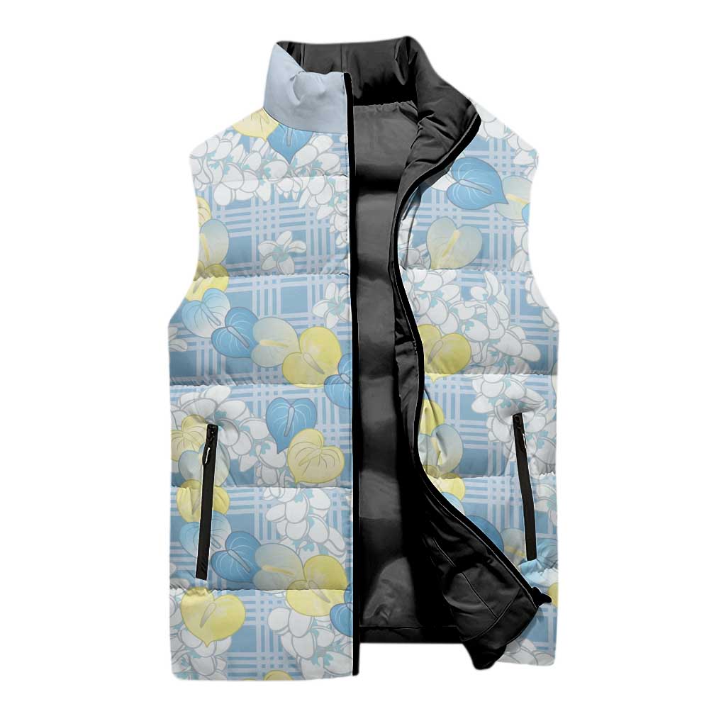 Anthurium Plumeria Lei Pastel Sleeveless Puffer Jacket Blue Hawaiian Splendid Palaka