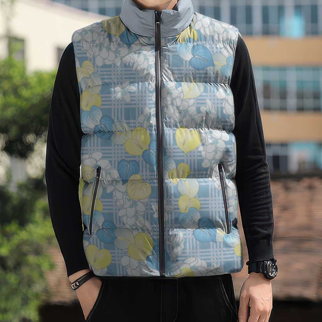 Anthurium Plumeria Lei Pastel Sleeveless Puffer Jacket Blue Hawaiian Splendid Palaka