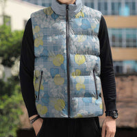 Anthurium Plumeria Lei Pastel Sleeveless Puffer Jacket Blue Hawaiian Splendid Palaka