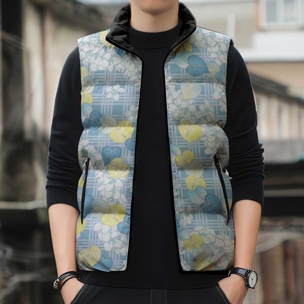 Anthurium Plumeria Lei Pastel Sleeveless Puffer Jacket Blue Hawaiian Splendid Palaka