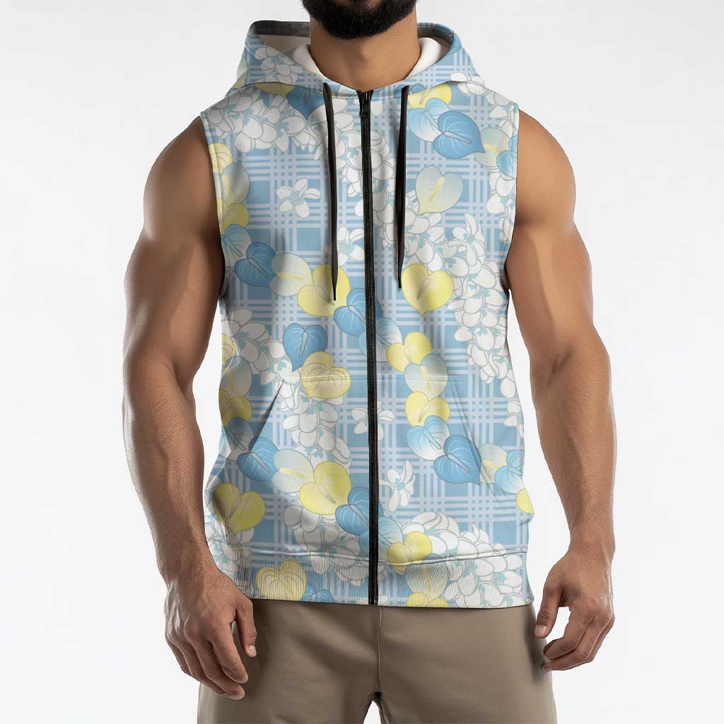 Anthurium Plumeria Lei Pastel Sleeveless Zip Hoodie Blue Hawaiian Splendid Palaka LT01 - Polynesian Pride