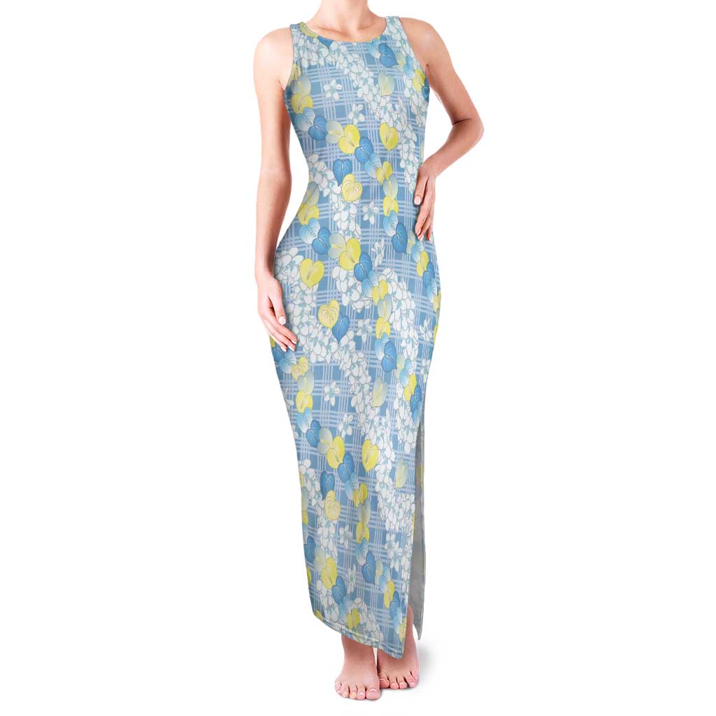 Anthurium Plumeria Lei Pastel Tank Maxi Dress Blue Hawaiian Splendid Palaka