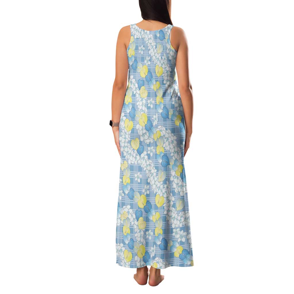 Anthurium Plumeria Lei Pastel Tank Maxi Dress Blue Hawaiian Splendid Palaka