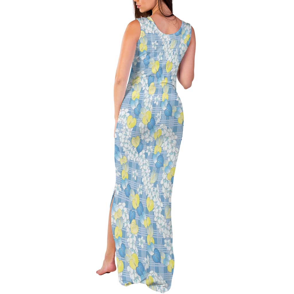 Anthurium Plumeria Lei Pastel Tank Maxi Dress Blue Hawaiian Splendid Palaka