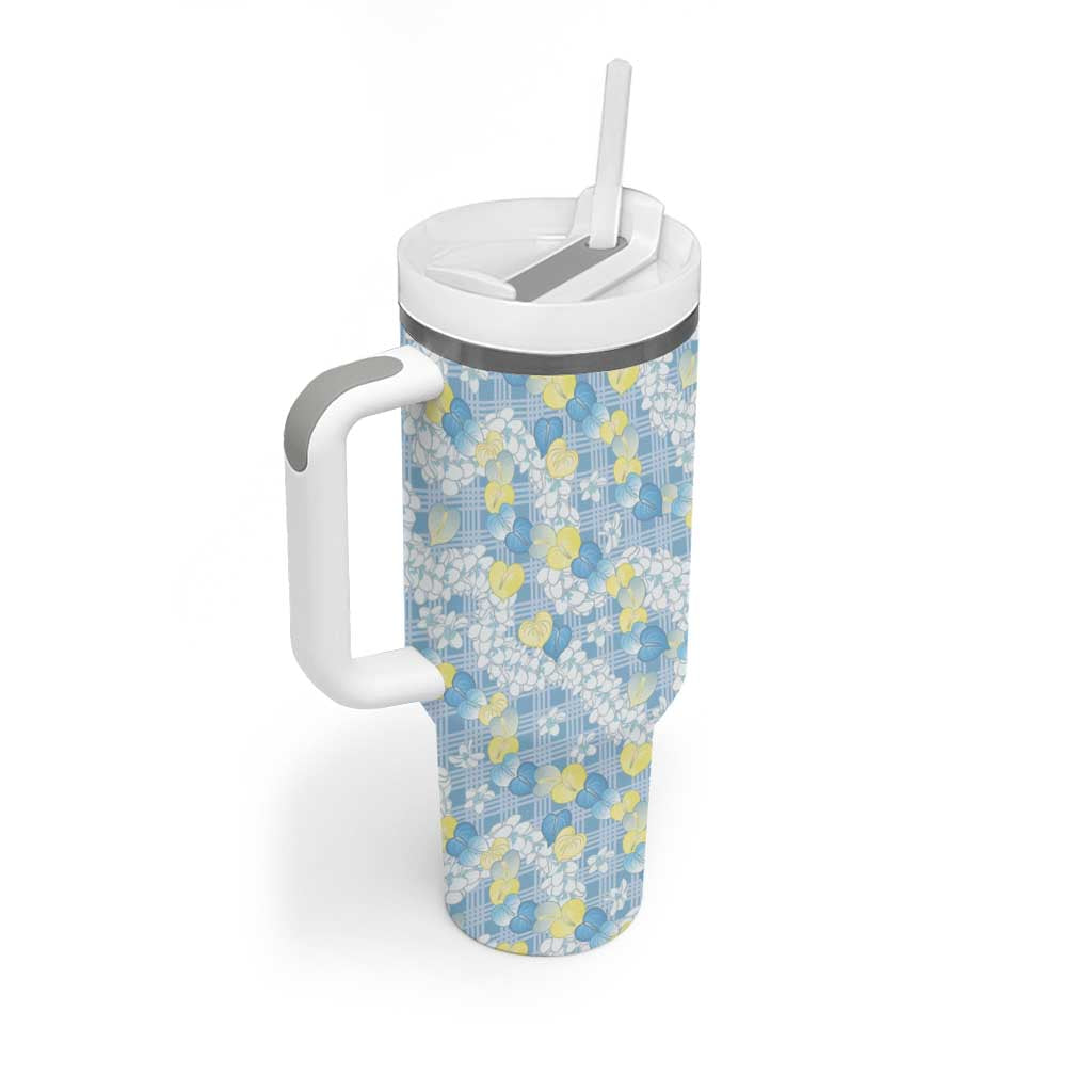 Anthurium Plumeria Lei Pastel Tumbler With Handle Blue Hawaiian Splendid Palaka LT01 - Polynesian Pride
