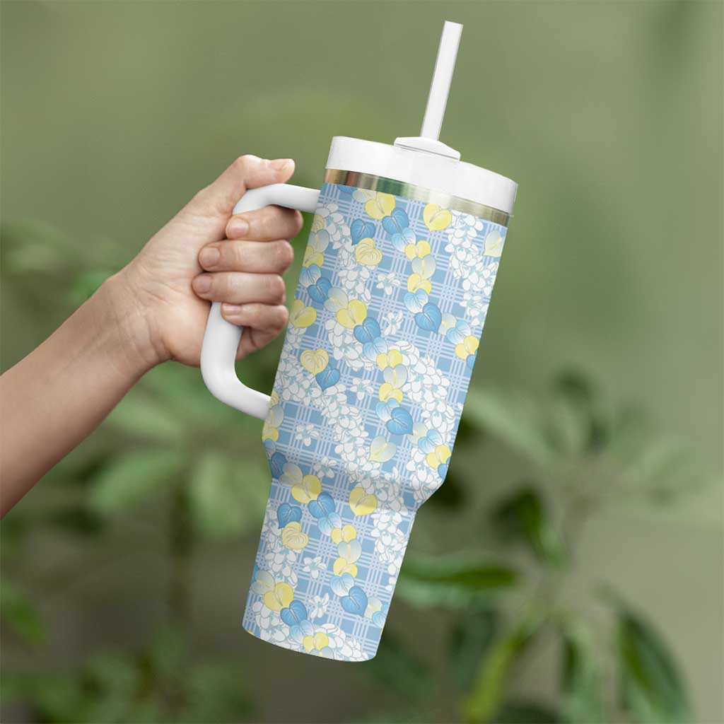 Anthurium Plumeria Lei Pastel Tumbler With Handle Blue Hawaiian Splendid Palaka LT01 - Polynesian Pride