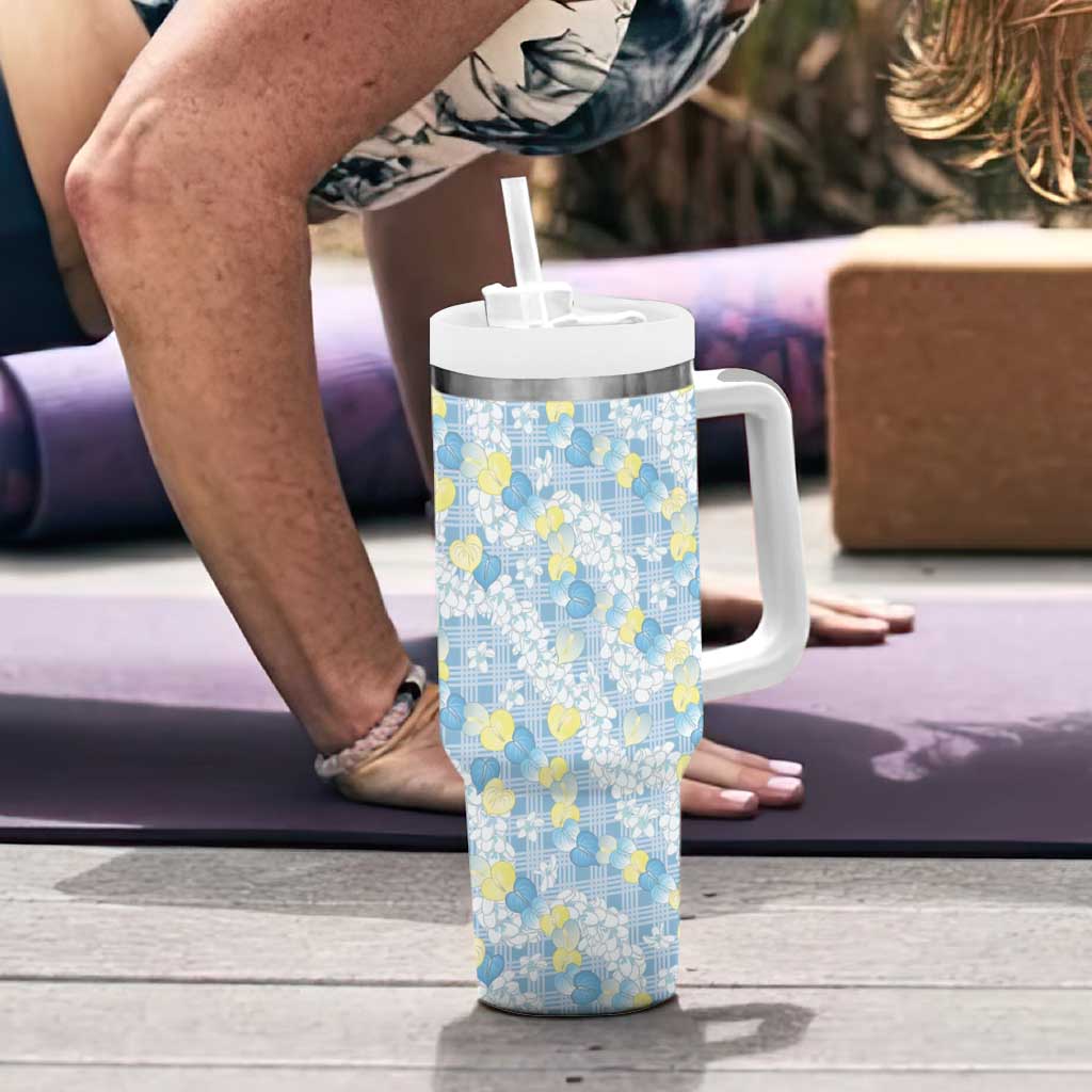 Anthurium Plumeria Lei Pastel Tumbler With Handle Blue Hawaiian Splendid Palaka LT01 - Polynesian Pride