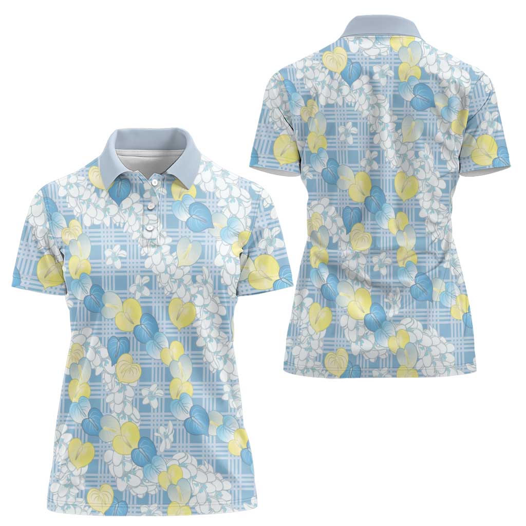 Anthurium Plumeria Lei Pastel Women Polo Shirt Blue Hawaiian Splendid Palaka LT01 - Polynesian Pride