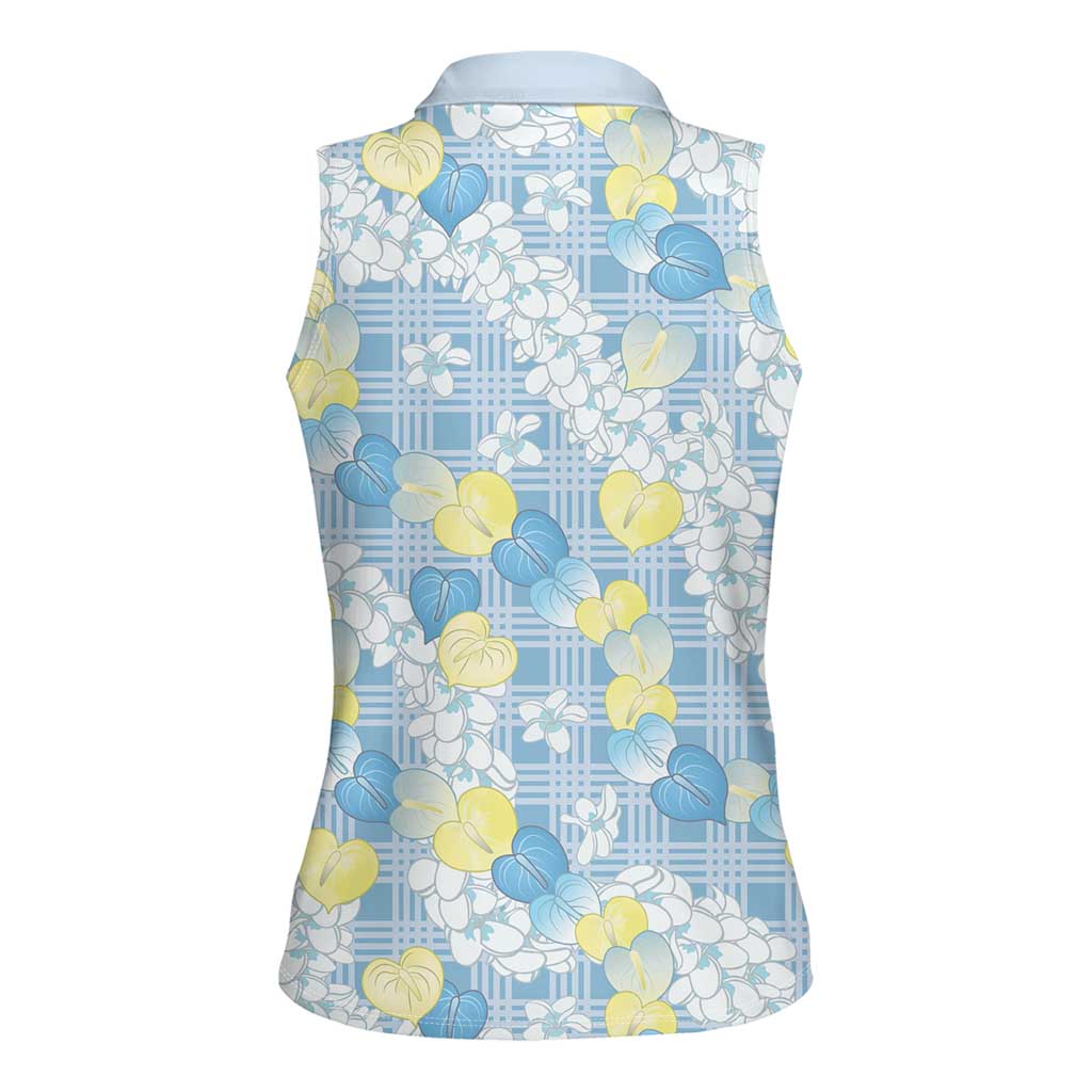 Anthurium Plumeria Lei Pastel Women Sleeveless Polo Shirt Blue Hawaiian Splendid Palaka LT01 - Polynesian Pride