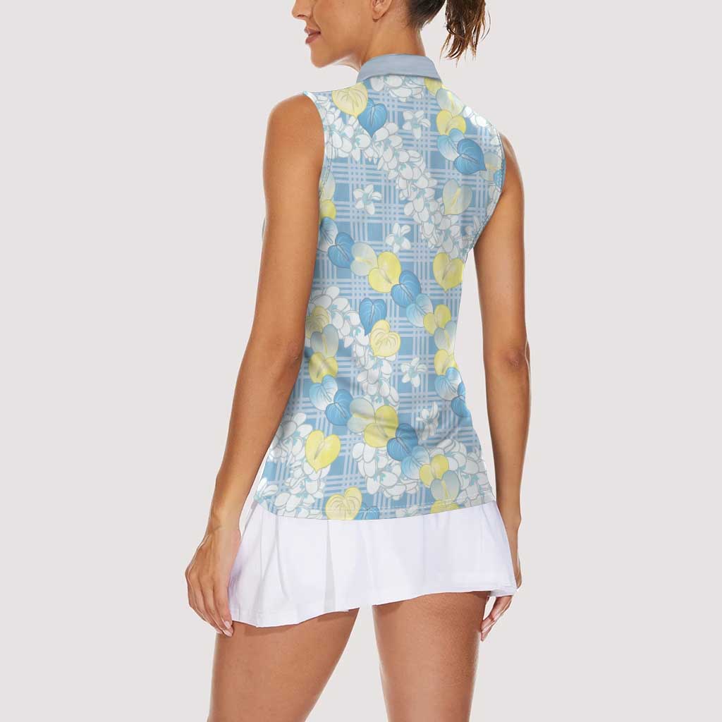 Anthurium Plumeria Lei Pastel Women Sleeveless Polo Shirt Blue Hawaiian Splendid Palaka LT01 - Polynesian Pride
