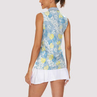 Anthurium Plumeria Lei Pastel Women Sleeveless Polo Shirt Blue Hawaiian Splendid Palaka LT01 - Polynesian Pride