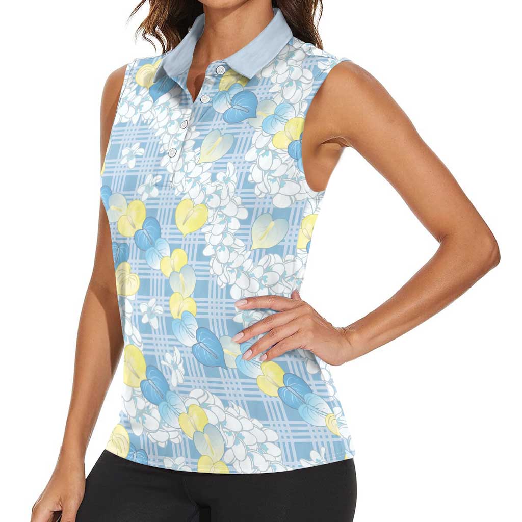 Anthurium Plumeria Lei Pastel Women Sleeveless Polo Shirt Blue Hawaiian Splendid Palaka LT01 - Polynesian Pride