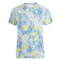 Anthurium Plumeria Lei Pastel Women V-Neck T-Shirt Blue Hawaiian Splendid Palaka
