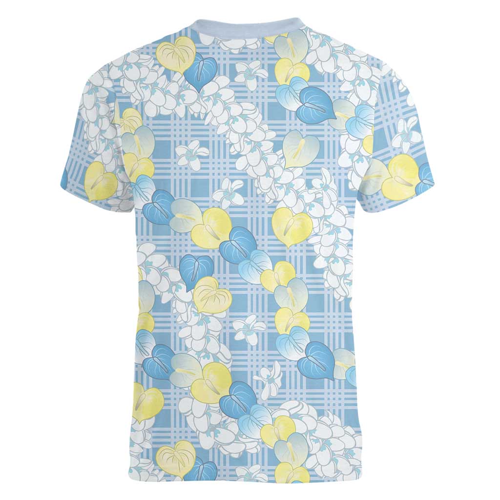 Anthurium Plumeria Lei Pastel Women V-Neck T-Shirt Blue Hawaiian Splendid Palaka