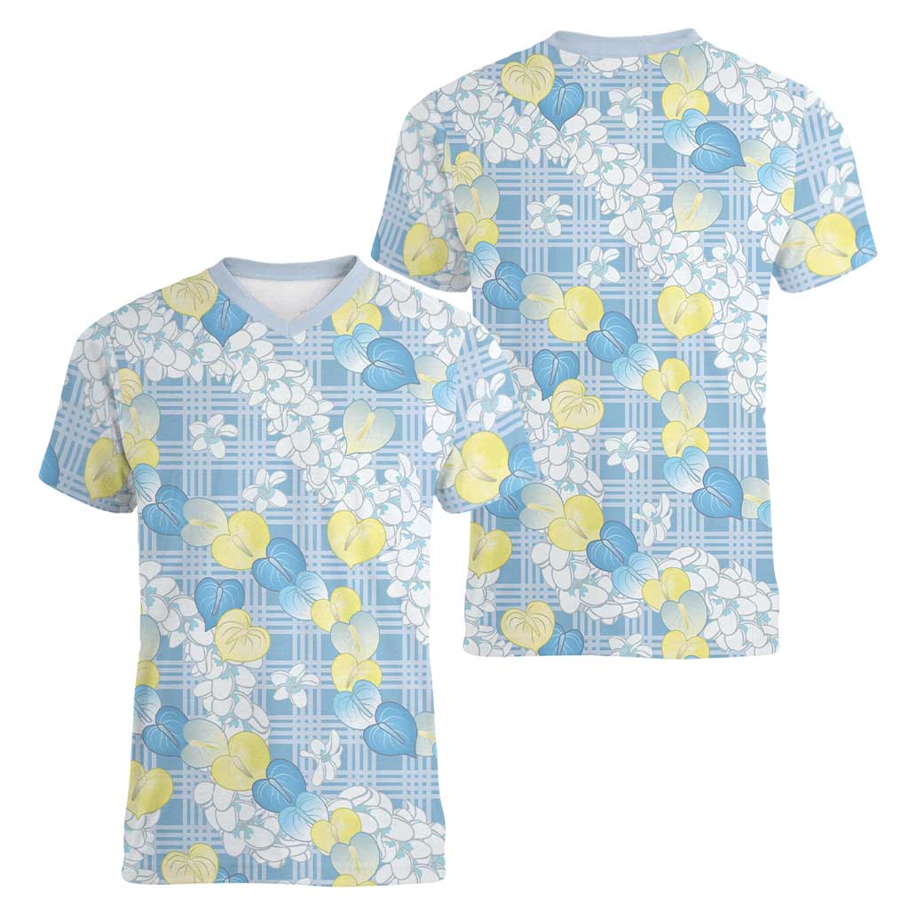 Anthurium Plumeria Lei Pastel Women V-Neck T-Shirt Blue Hawaiian Splendid Palaka