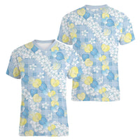 Anthurium Plumeria Lei Pastel Women V-Neck T-Shirt Blue Hawaiian Splendid Palaka