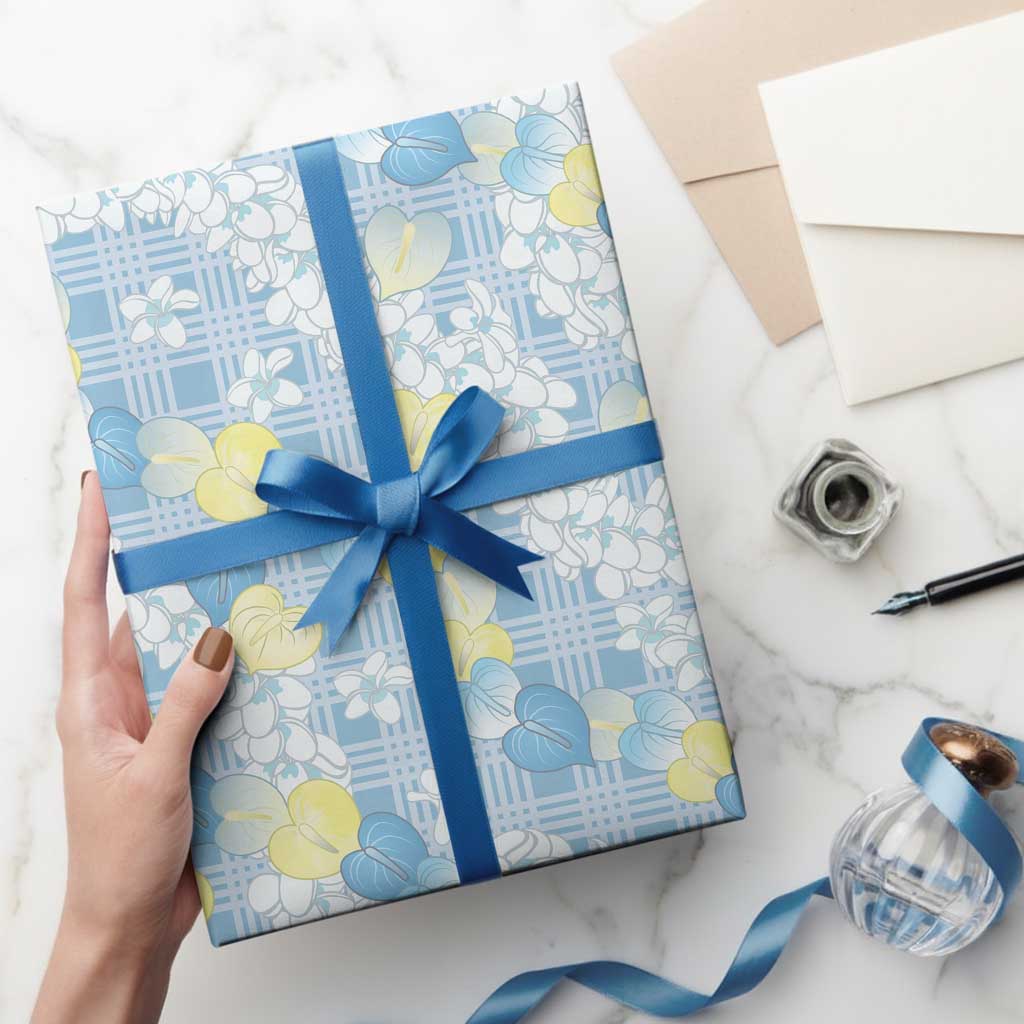 Anthurium Plumeria Lei Pastel Wrapping Paper Blue Hawaiian Splendid Palaka LT01 - Polynesian Pride