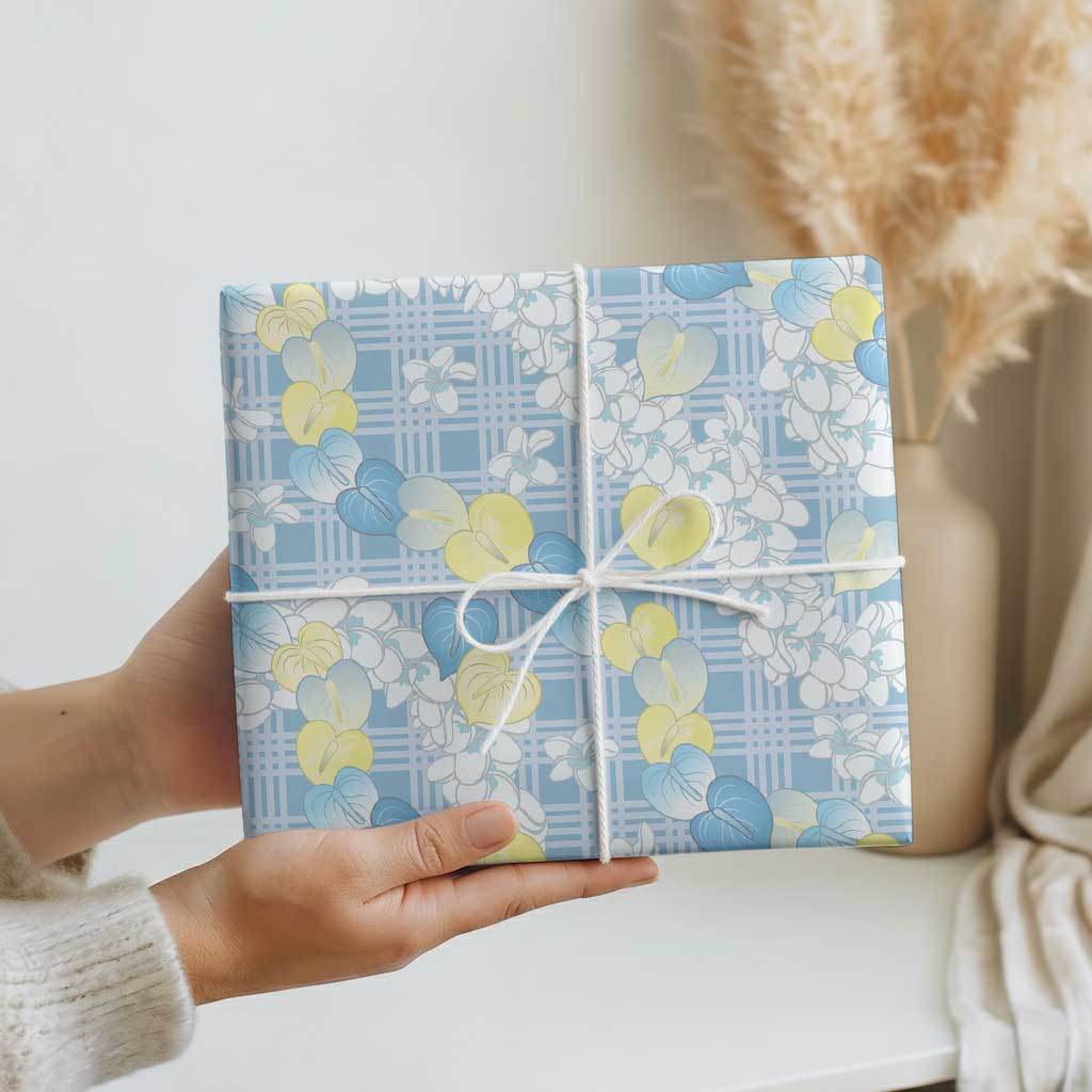 Anthurium Plumeria Lei Pastel Wrapping Paper Blue Hawaiian Splendid Palaka LT01 - Polynesian Pride