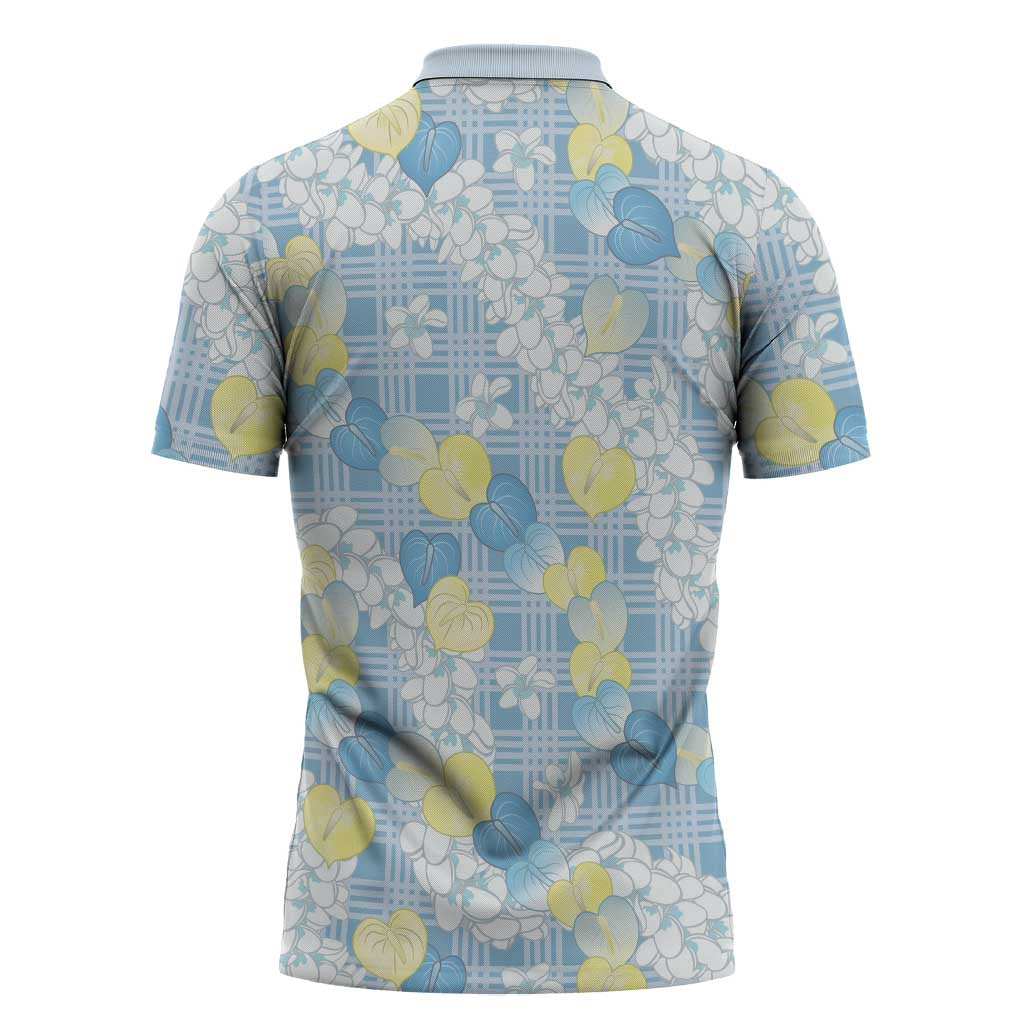 Anthurium Plumeria Lei Pastel Zipper Polo Shirt Blue Hawaiian Splendid Palaka LT01 - Polynesian Pride