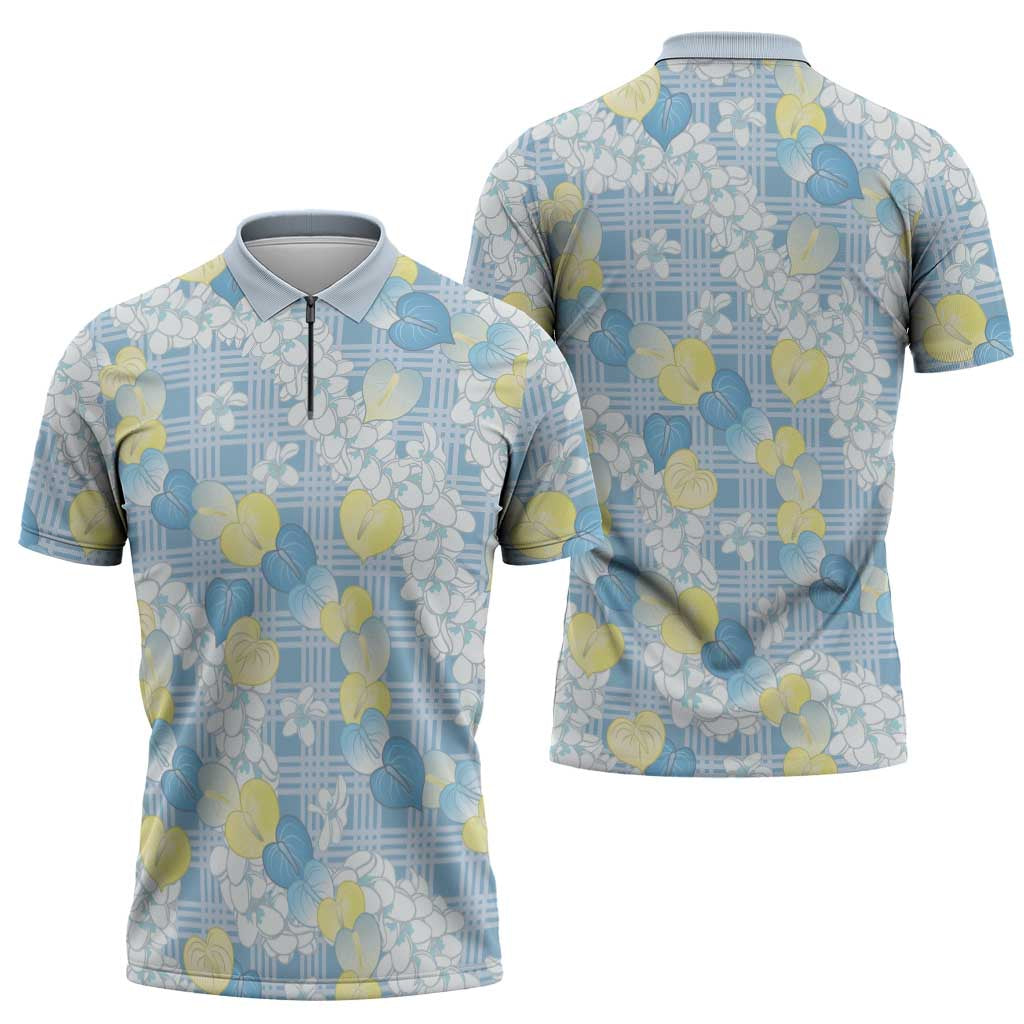 Anthurium Plumeria Lei Pastel Zipper Polo Shirt Blue Hawaiian Splendid Palaka LT01 - Polynesian Pride