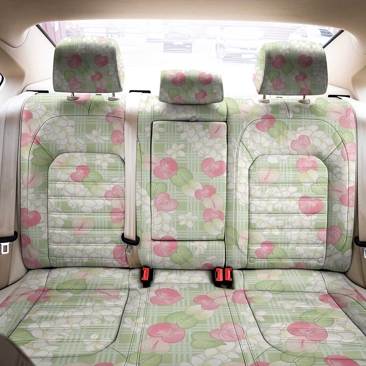 Anthurium Plumeria Lei Pastel Back Car Seat Cover Green Hawaiian Splendid Palaka LT01 - Polynesian Pride