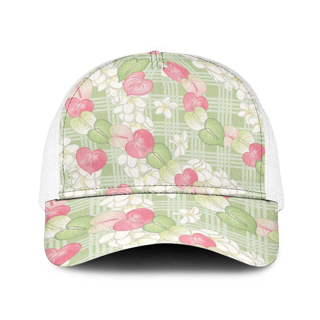 Anthurium Plumeria Lei Pastel Baseball Net Cap Green Hawaiian Splendid Palaka LT01 One Size White Green - Polynesian Pride