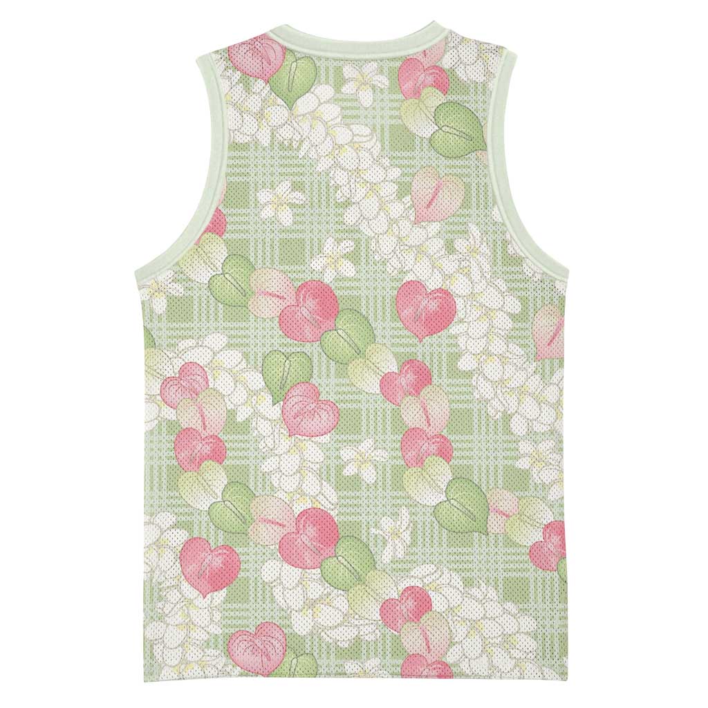 Anthurium Plumeria Lei Pastel Basketball Jersey Green Hawaiian Splendid Palaka LT01 - Polynesian Pride
