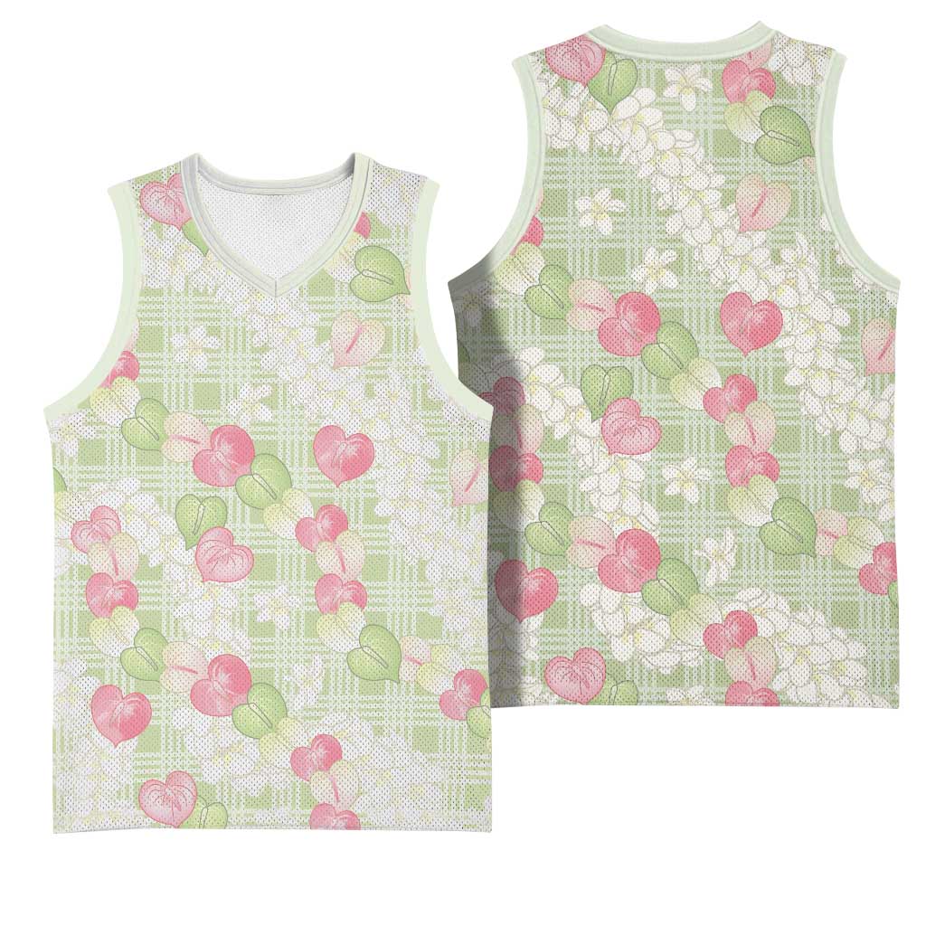 Anthurium Plumeria Lei Pastel Basketball Jersey Green Hawaiian Splendid Palaka LT01 - Polynesian Pride