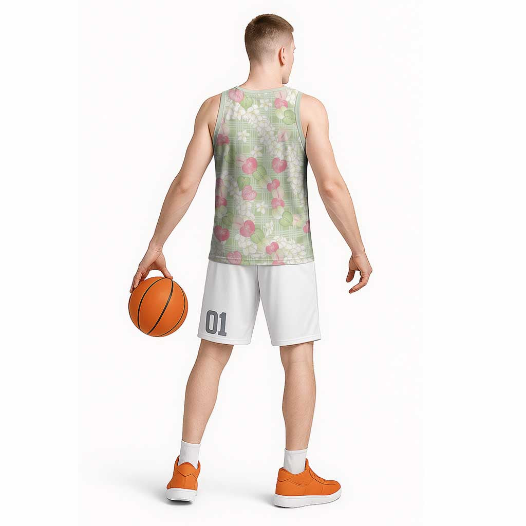 Anthurium Plumeria Lei Pastel Basketball Jersey Green Hawaiian Splendid Palaka LT01 - Polynesian Pride