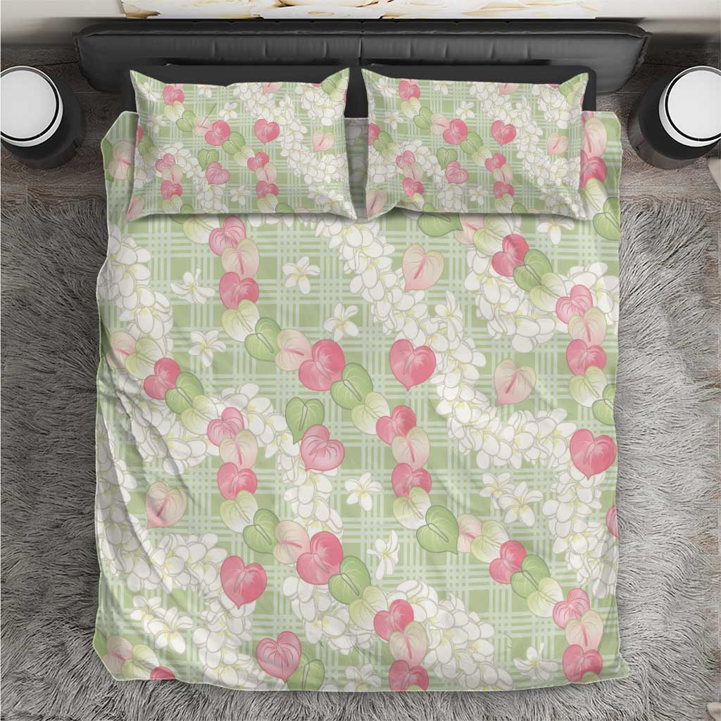 Anthurium Plumeria Lei Pastel Bedding Set Green Hawaiian Splendid Palaka LT01 Green - Polynesian Pride