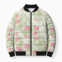 Anthurium Plumeria Lei Pastel Bomber Puffer Jacket Green Hawaiian Splendid Palaka