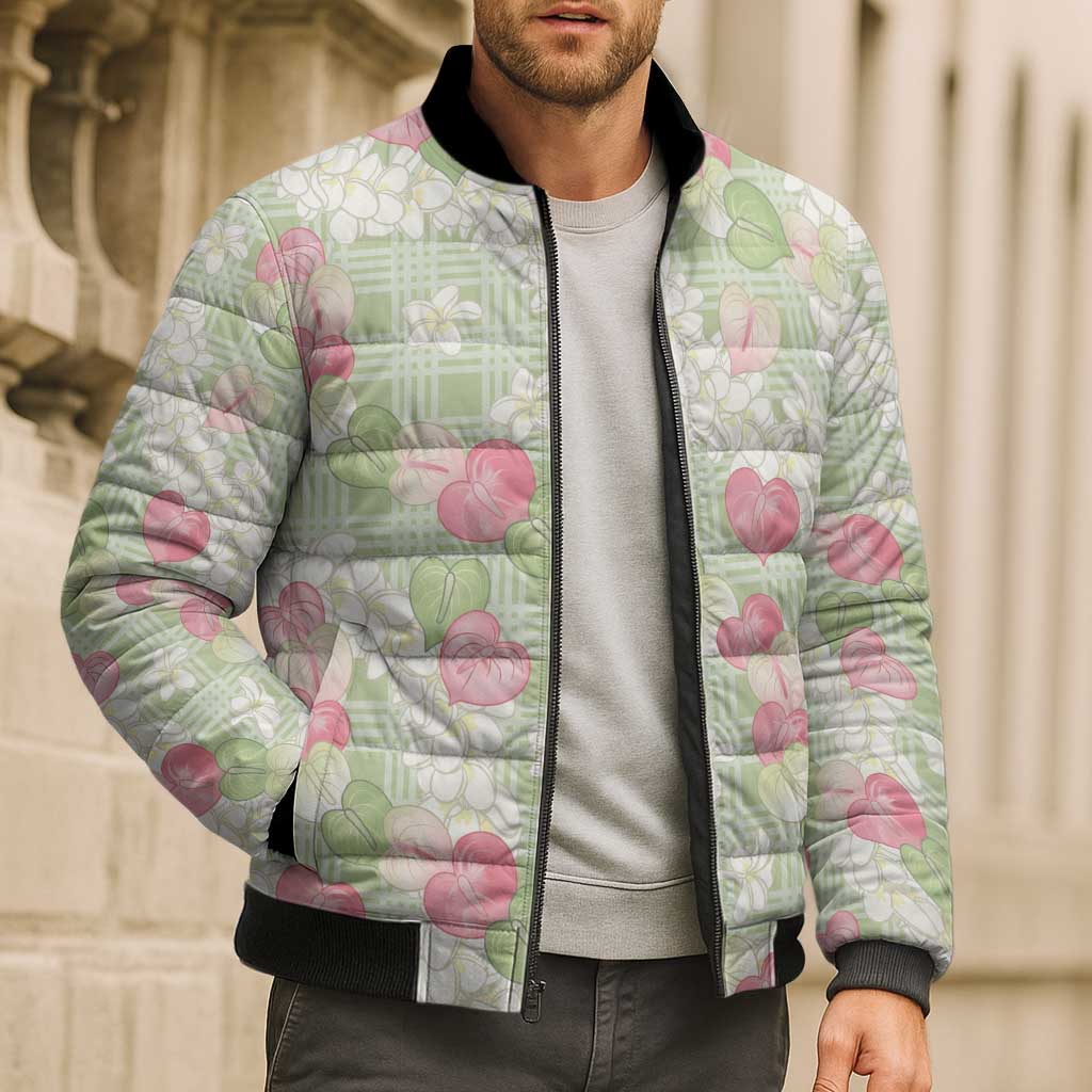 Anthurium Plumeria Lei Pastel Bomber Puffer Jacket Green Hawaiian Splendid Palaka