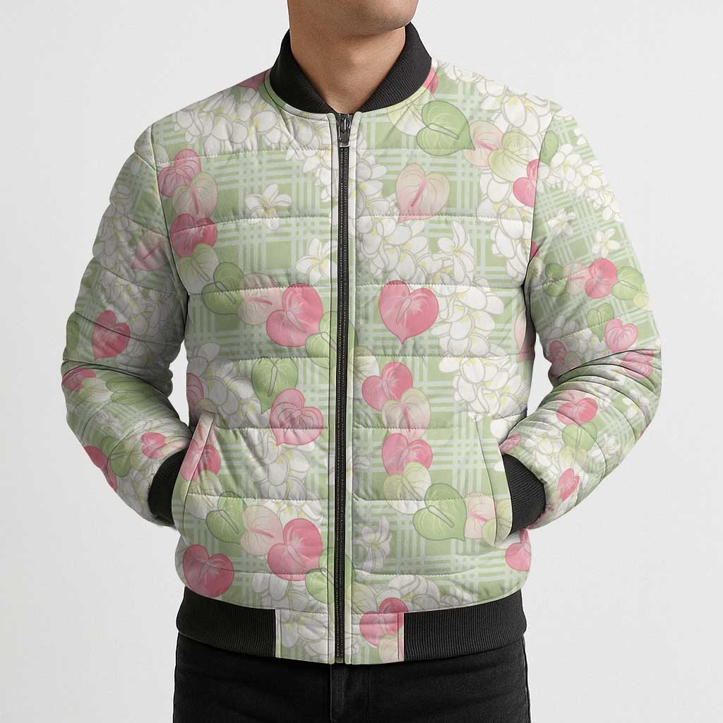 Anthurium Plumeria Lei Pastel Bomber Puffer Jacket Green Hawaiian Splendid Palaka