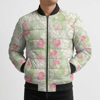 Anthurium Plumeria Lei Pastel Bomber Puffer Jacket Green Hawaiian Splendid Palaka