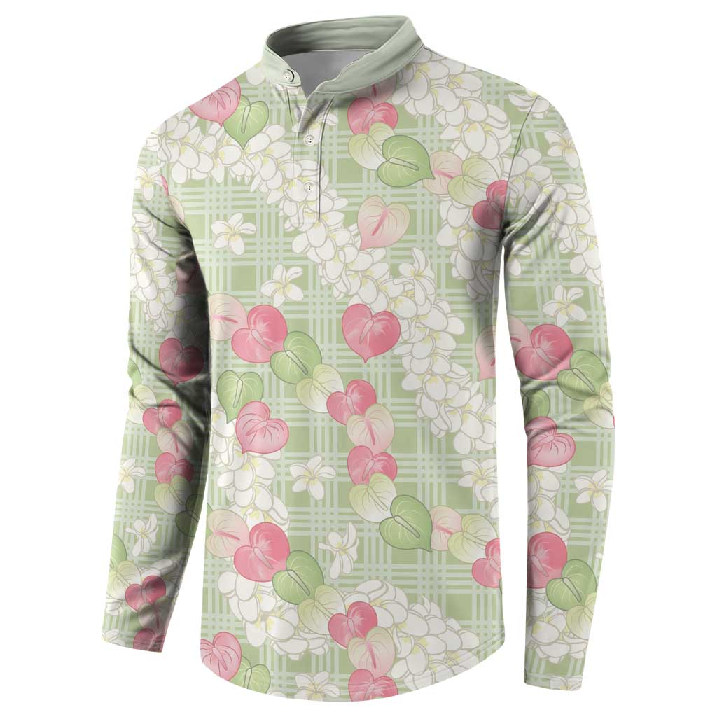 Anthurium Plumeria Lei Pastel Button Sweatshirt Green Hawaiian Splendid Palaka LT01 - Polynesian Pride