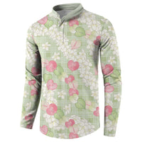 Anthurium Plumeria Lei Pastel Button Sweatshirt Green Hawaiian Splendid Palaka LT01 - Polynesian Pride