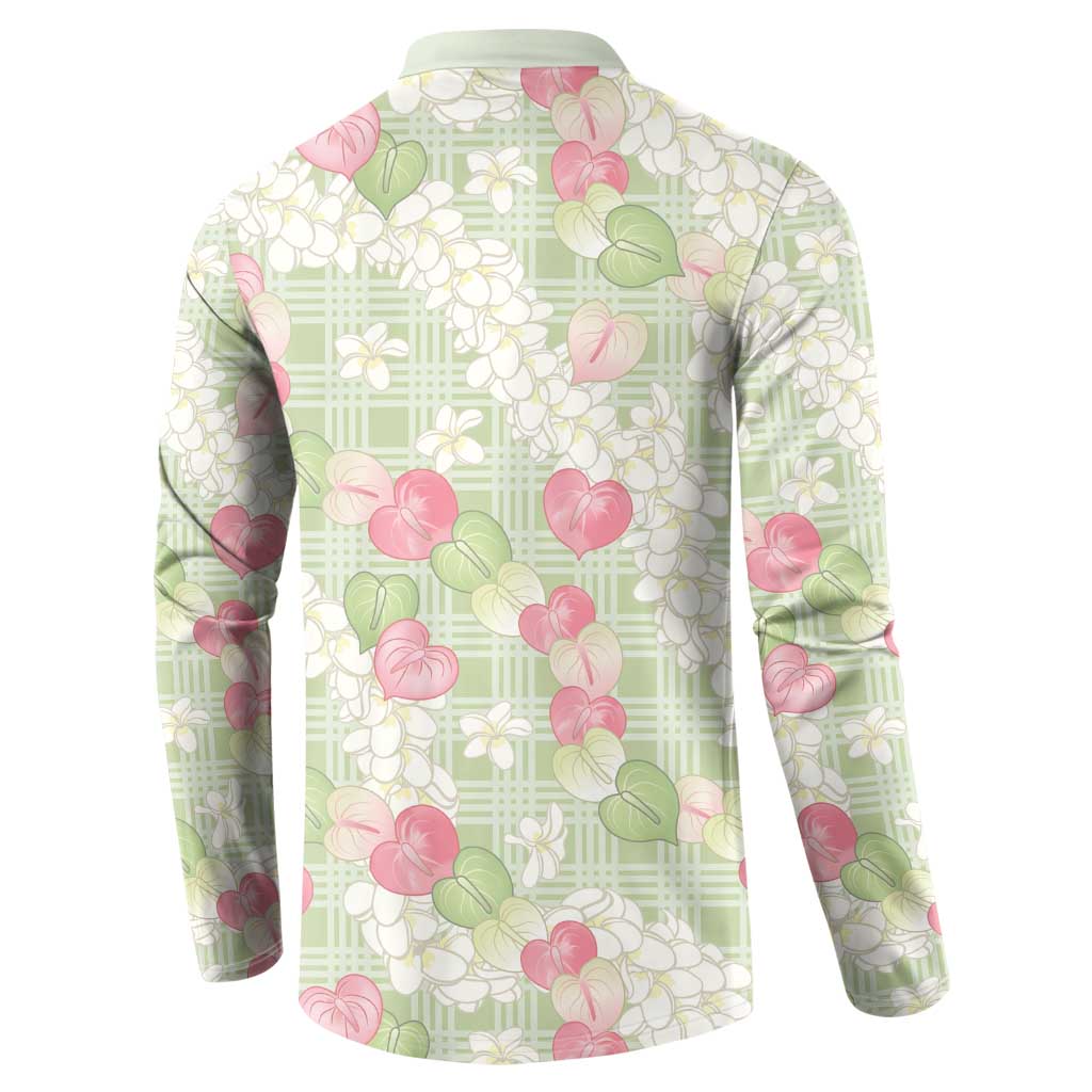 Anthurium Plumeria Lei Pastel Button Sweatshirt Green Hawaiian Splendid Palaka LT01 - Polynesian Pride