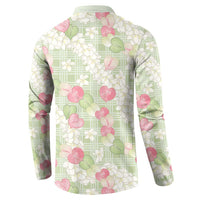 Anthurium Plumeria Lei Pastel Button Sweatshirt Green Hawaiian Splendid Palaka LT01 - Polynesian Pride